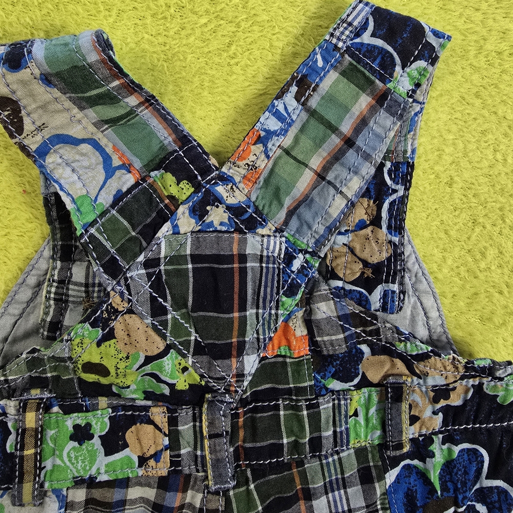 NWT 0-3M UNISEX Blue Green Plaid Floral Patchwork Overalls HAND DYED 2008 (Q9) - Picture 4 of 6